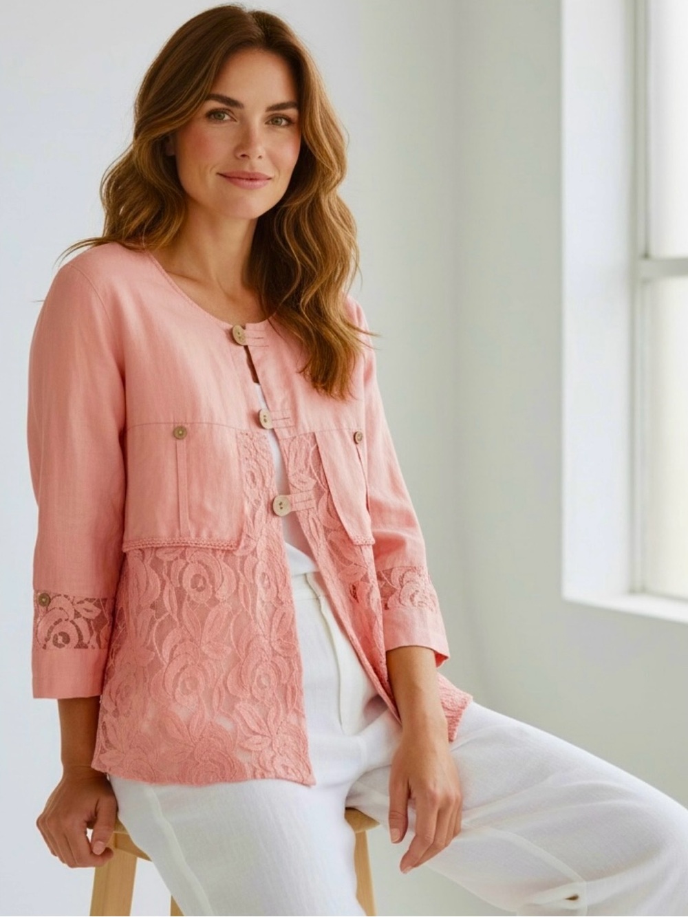 Ali Miles Boho 100% Linen Lace Cardigan 3/4 Sleeves Button Front Crew Neck